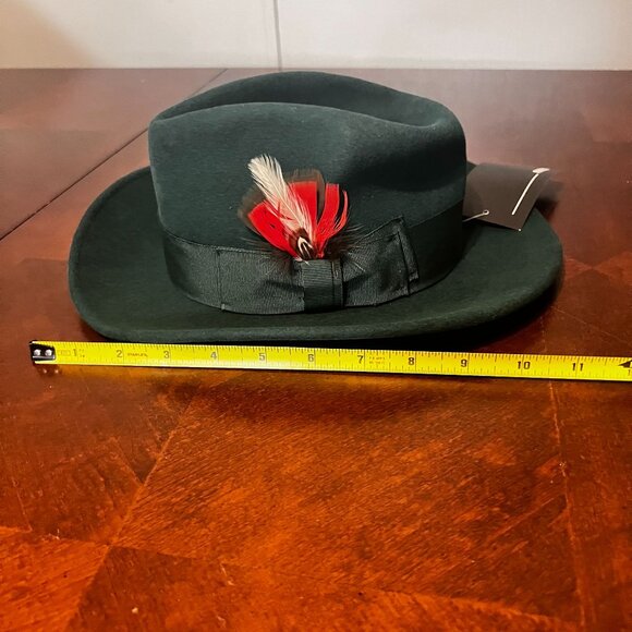 Ferrecci Green Wool Fedora Hat With Red Feather Accent Stylish Formal Design For - Picture 8 of 16